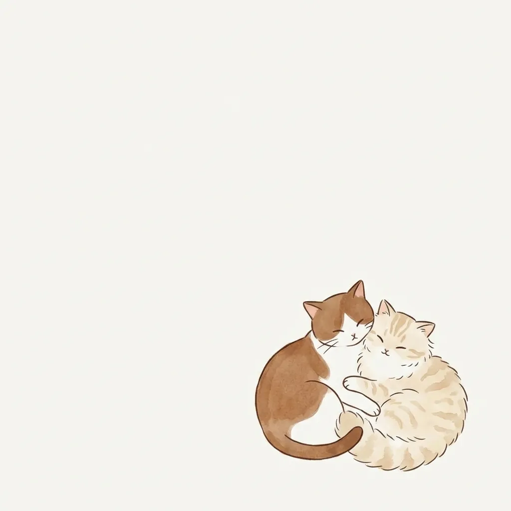 フレームの右下に配置された、かわいい2匹猫がよりそうっているイラストをあしらたミニマリストな構図。背景は均一のオフホワイト。1024x1024ピクセルの画像。