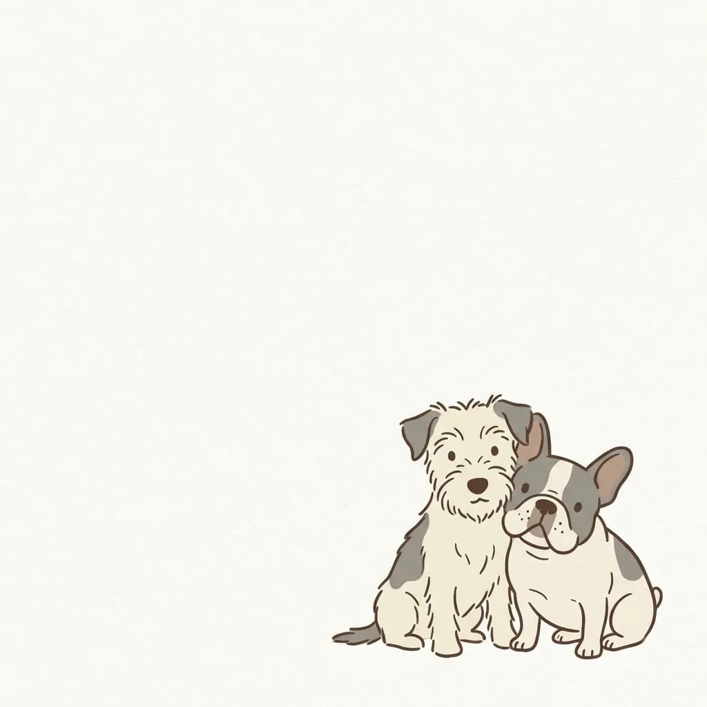 フレームの右下に配置された、かわいい2匹犬がよりそうっているイラストをあしらたミニマリストな構図。背景は均一のオフホワイト。1024x1024ピクセルの画像。