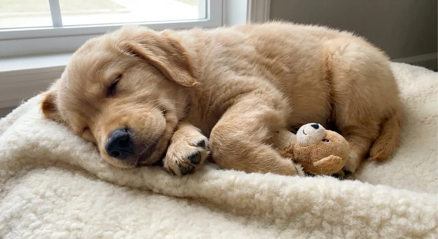 かわらしく、すやすや眠るゴールデンレトリバーの子犬