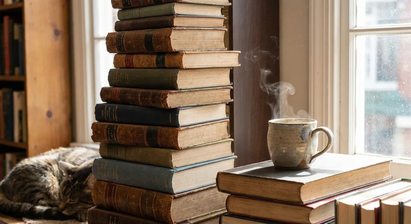 積み上げられた本とコーヒー