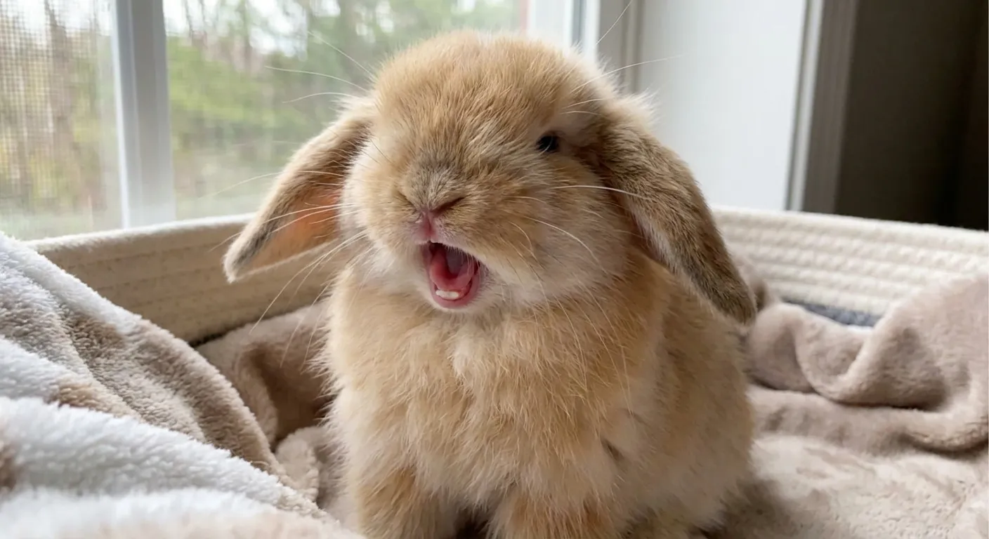 かわいらしくあくびをする薄茶色のロップイヤー子うさぎ