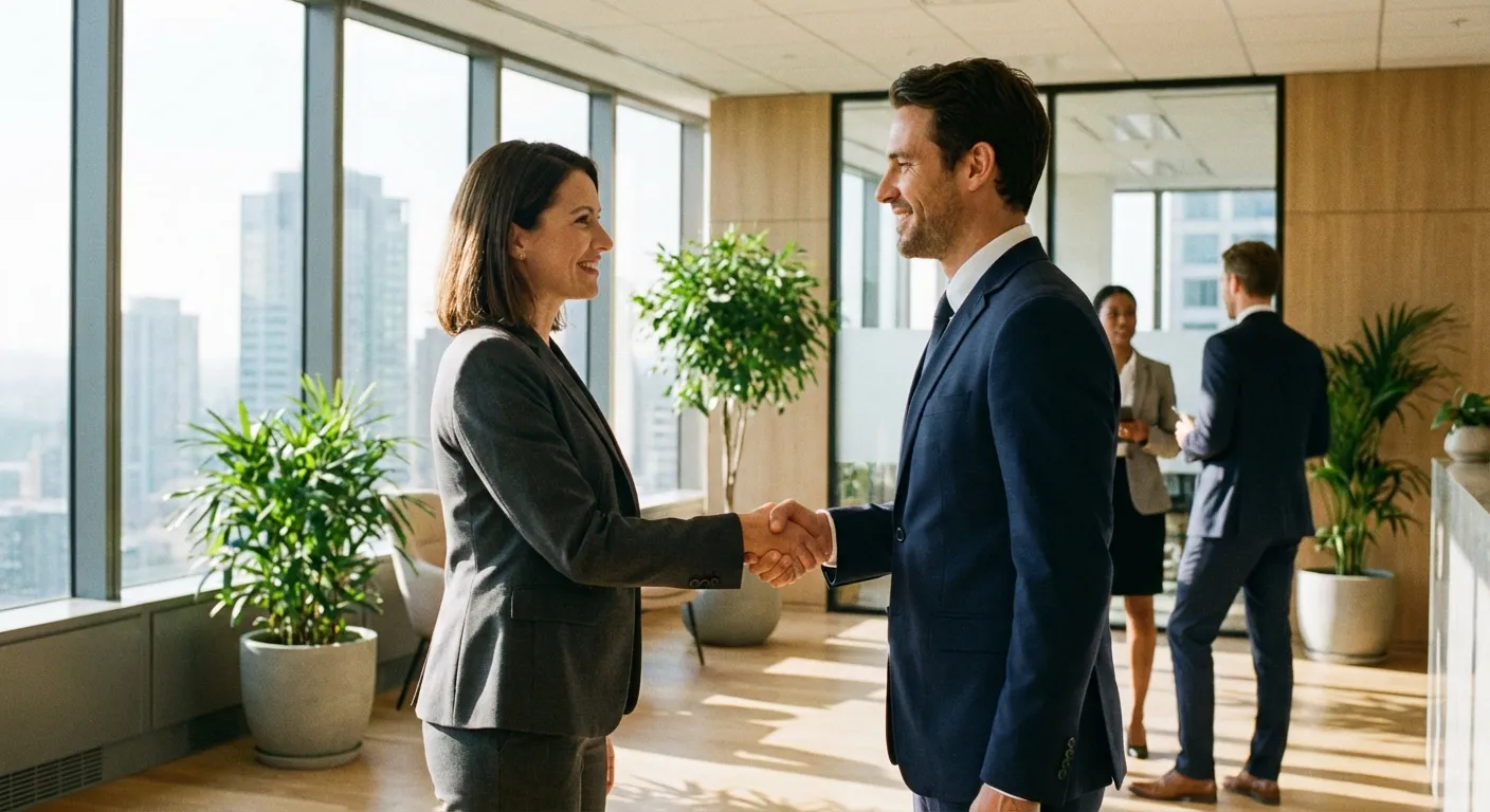 握手をするスーツの男女