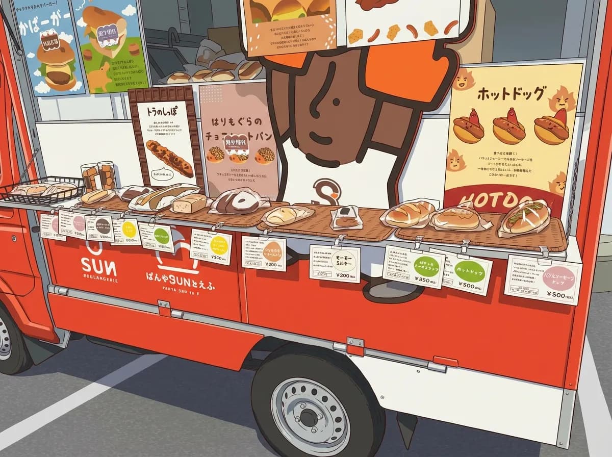 アニメ風の赤いパンのキッチンカーのイラストに変更してください。
撮影者などの影はとりのぞいてください。
文字はデフォルメしてください。
