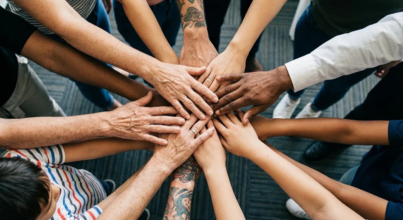 多様な人々(異なる肌の色や年齢)が円になって手を重ね合わせている真上からのショット。チームワークと団結を象徴している。背景はぼやけたオフィスのカーペット床、明るい照明、トップダウンビュー、手に焦点を当てる。