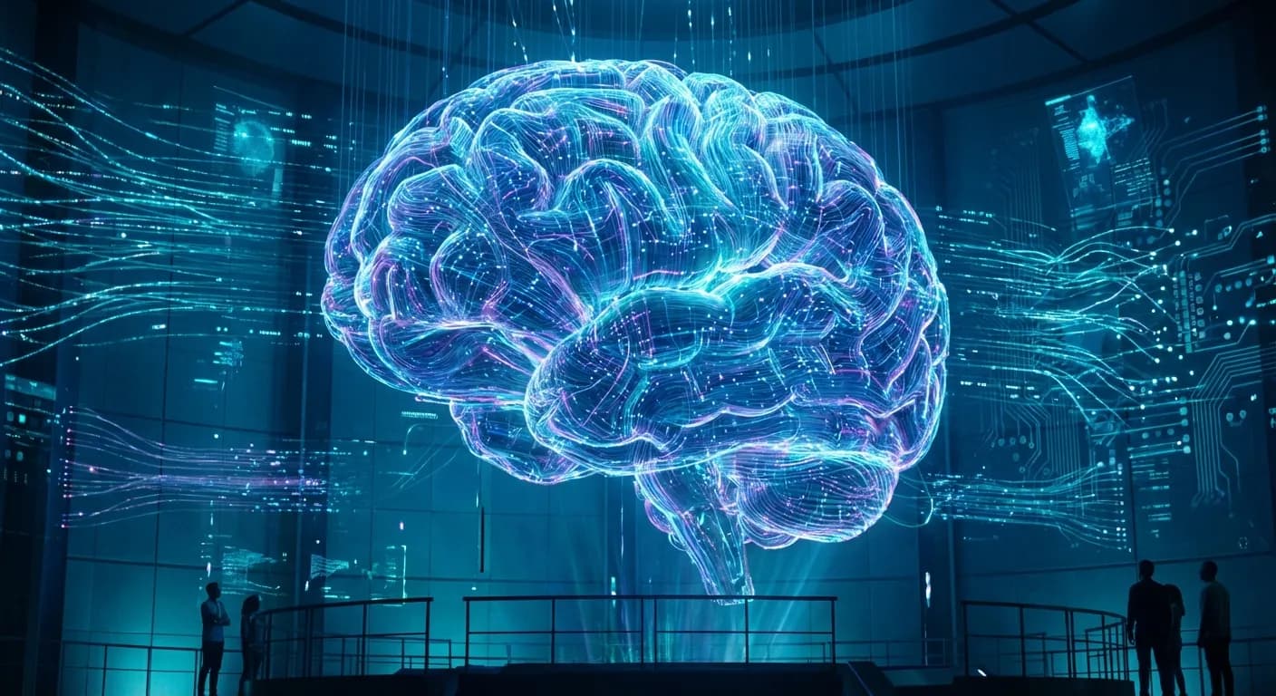 人工知能の抽象的な表現、光ファイバーで作られた輝くデジタル脳、濃い青とシアンの背景、映画のような照明、未来的なコンセプト