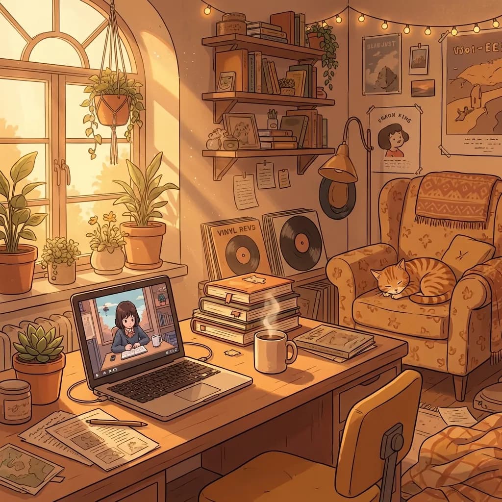 スタジオジブリを彷彿とさせる、暖かく心地よいアニメスタイルで描かれた、居心地の良い散らかったローファイヒップホップの勉強部屋の、美しく精細なデジタルイラストレーション。左側の大きな窓からはゴールデンアワーの陽光が差し込み、長く柔らかな影を落とし、空気中の埃の粒子がきらめいている。部屋の焦点は木製の机で、そこにはローファイアニメのGIFを表示する開いたノートパソコン、使い古された本の山、湯気の立つマグカップ、多肉植物が雑然と置かれている。壁にはレコード盤が立てかけられ、隅には眠る猫を乗せた豪華な肘掛け椅子がひっそりと置かれている。全体的な色彩は暖かく魅力的で、オレンジ、イエロー、柔らかなブラウンが主体となっている。ボリュームライト、高精細、4K、セルシェーディング、静かで穏やかな雰囲気、あらゆるオブジェクトの緻密な描写、柔らかなボケのある背景。リラックスした夜に最適。
