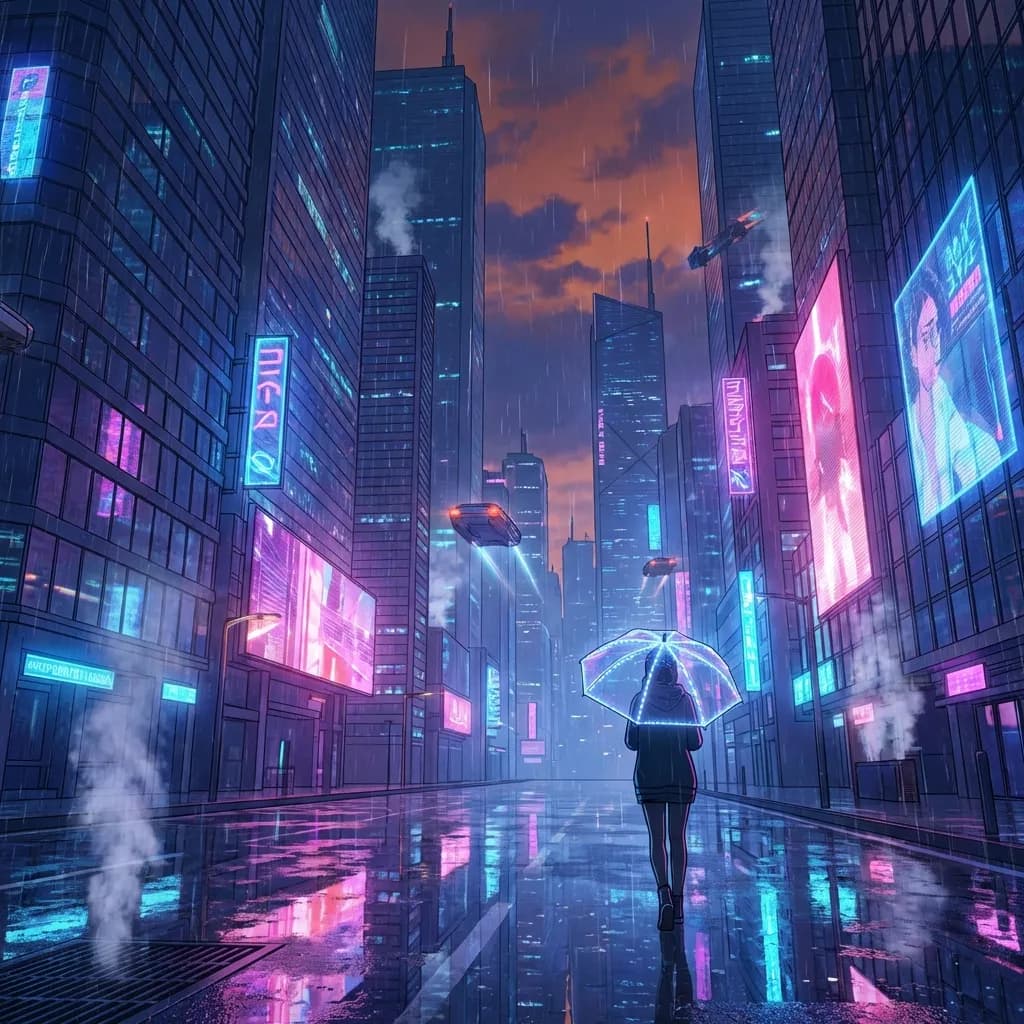 新海誠アニメスタイルで描かれた、高精細な4Kデジタルアートイラスト。夕暮れの未来的なサイバーパンク都市の通りを描いています。深く雰囲気のある、雨に濡れた道が特徴で、そびえ立つ超高層ビル群やホログラフィック広告の鮮やかなネオンサインが反射しています。美しい照明が濡れた路面を照らし、エレクトリックブルー、パープル、輝くピンクの見事な反射が劇的なコントラストを生み出しています。半透明の傘を持つ孤独な人物がその場を歩いており、スケール感と静かな内省の雰囲気を添えています。巨大な建物の間の霞んだ遠方には、飛行する乗り物が見られます。構図はローアングルショットで、都市の広大な規模と複雑な建築の細部を強調しています。全体的な美学はセルシェーディングで、雨筋、格子から立ち上る湯気、濡れた舗道の光沢のある輝きに細心の注意が払われており、ムーディーで視覚的に豊かなサイバーパンクアニメスタイルを想起させます。