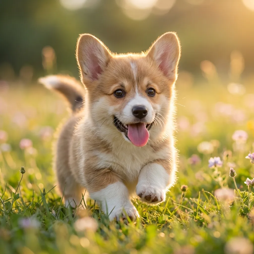 愛らしい、ふわふわのコーギーの子犬が、息をのむようなフォトリアルなスタイルで捉えられています。その可愛い子犬は、信じられないほど幸せそうで遊び心のある表情を浮かべ、舌を少し出しながら、鮮やかで太陽が降り注ぐ青々とした草地の真ん中を小走りしています。非常に柔らかく暖かいゴールデンアワーの光が魔法のような輝きを放ち、そのふわふわの毛皮に美しいリムライトを作り出しています。これは、子犬の非常に詳細な顔と前足に焦点を当てた、タイトでローアングルのクローズアップショットです。構図は極端に浅い被写界深度が特徴で、背景にはクリーミーで夢のようなボケ効果が生まれ、遠くの草や野花はソフトグリーンとパステルカラーの抽象的なぼかしとして表現されています。高精細な8K品質。