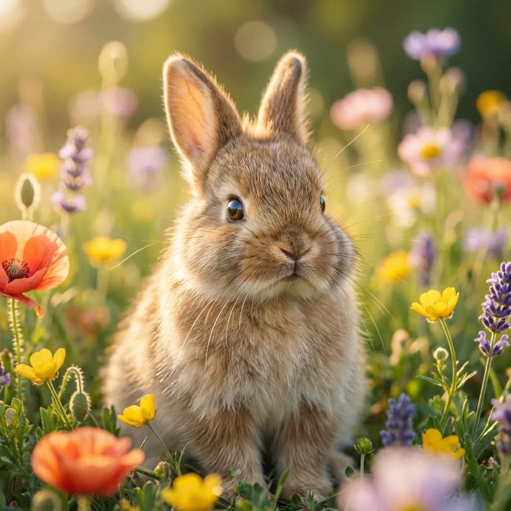 愛らしいふわふわの子ウサギの、フォトリアルなスタイルによる超高精細な8Kクローズアップ写真。その可愛いウサギは、太陽の光を浴びた鮮やかな野の花々の中に静かに座っている。構図は浅い被写界深度で、ゴールデンアワーの柔らかな光が美しく温かい輝きを生み出している。背景は夢のようなクリーミーなボケで、繊細な緑とパステルカラーの花々がぼんやりと浮かんでいる。そのふわふわの毛一本一本までがはっきりと見え、小さな鼻と繊細なひげも確認できる。ウサギの目は明るく、無邪気な好奇心に満ちている。全体的な雰囲気は信じられないほど柔らかく、穏やかで、心温まるものであり、ウサギの愛らしい性質を際立たせている。