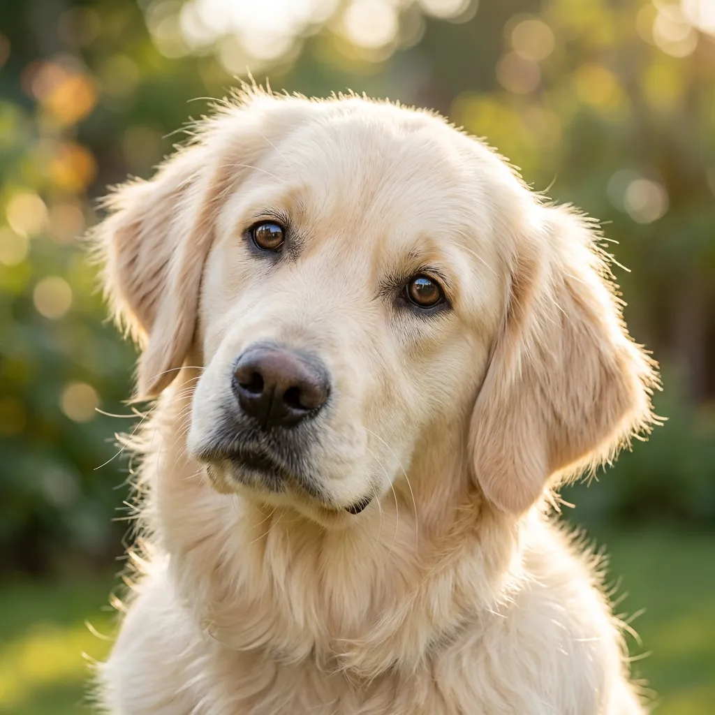 高精細な8Kフォトリアルなクローズアップ。愛らしいふわふわのゴールデンレトリバーの子犬が、可愛らしい好奇心で首を少し傾げている。子犬は明るく賢そうな目で、カメラをまっすぐ見つめている。非常に柔らかな自然光がシーン全体を包み込み、子犬の毛皮の周りに温かい輝きを作り出し、その柔らかさと質感を際立たせている。浅い被写界深度が背景に美しく夢のようなボケ効果を生み出し、子犬を唯一の焦点として際立たせている。構図は親密なアイレベルのショットで、毛の一本一本や表情豊かな顔の細部を強調し、計り知れないほどの可愛らしさを伝えている。