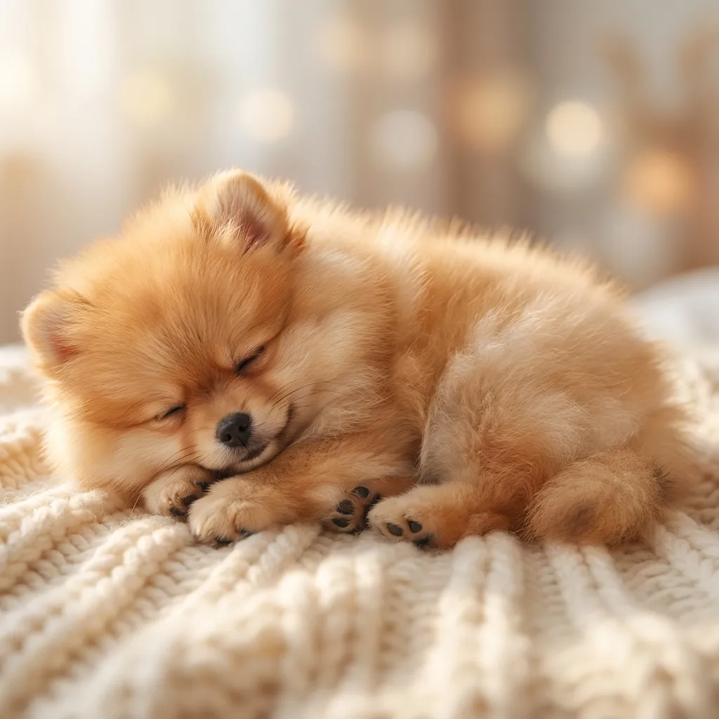 愛らしい、ふわふわのポメラニアンの子犬が気持ちよさそうに眠っている、非常に高精細な8Kクローズアップ写真。その可愛いポメラニアンは、柔らかい編み物の毛布の上で、小さな手足を驚くほどふわふわの胸の下にしまい込み、きゅっと丸まって平和な球体になっている。夢を見ながら、その顔にはかすかに柔らかく穏やかな笑みが浮かんでいる。その超ふわふわしたオレンジクリーム色の毛並みは、一本一本の毛とそれらの魅力的な質感を極めてフォトリアルなディテールで表現されており、圧倒的なふわふわ感を際立たせている。シーンは幻想的な柔らかな光に包まれ、丸々とした可愛らしい姿を強調するような優しく温かい影を落としている。背景は美しくクリーミーなボケで、暖かく周囲のトーンで繊細にぼかされており、愛らしい夢見る子犬にすべての注意が向けられるようになっている。この画像は、純粋な可愛らしさと静けさを捉えている。