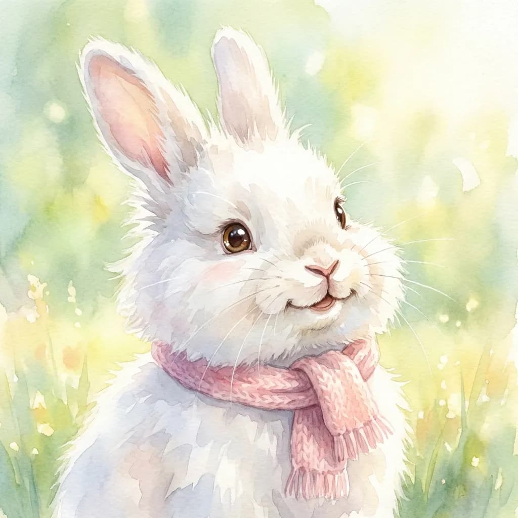 非常に詳細な柔らかい水彩画のスタイルで描かれた、愛らしいふわふわのアンゴラウサギ。信じられないほど柔らかい白い毛皮は、繊細で半透明な筆致で丹念に表現され、雲のような質感を強調しています。首には、ぴったりとフィットする小さな手編みのパステルピンクのスカーフを巻いており、その可愛らしさを一層引き立てています。ウサギは幸せそうな笑顔を浮かべ、優しい瞳は温かさと無邪気さで輝き、見る人をまっすぐに見つめています。構図は浅い被写界深度で、背景は柔らかくぼかされたパステルグリーンとイエローの水彩画のウォッシュによる夢のような抽象的なボケに溶け込み、晴れた穏やかな野原を暗示しています。照明は非常に柔らかく、暖かく、幻想的で、ウサギに優しい光を投げかけ、その愛らしい特徴を際立たせています。この8K解像度、非常に詳細でキュートで愛らしい柔らかな水彩画のイラストは、ふわふわの毛皮のあらゆる繊細なディテールと魅力的な表情を強調し、魅力的で心温まる情景を作り出しています。