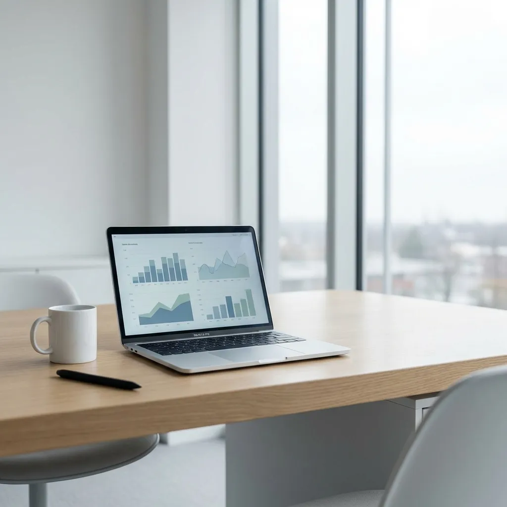 柔らかく拡散された自然光に包まれた、穏やかでミニマリストな現代オフィスワークスペースを捉えた、写実的な高品質8Kストックフォト。ミュートされた青と緑の抽象的なデータビジュアライゼーションを表示する、洗練された開かれたシルバーのノートパソコンが、汚れ一つないライトオークのデスクに置かれている。その隣には、単一のミニマリストな白いセラミック製コーヒーマグと、細身のマットブラックのスタイラスが、考え抜かれて配置されている。構図は三分割法を用いており、デスクの配置が前景を占め、やや左にオフセンターに配置されている。柔らかくぼかされた背景には、穏やかでやや曇り空を見下ろす大きなフロアから天井までの窓があり、それが主要な光源となっている。照明はシネマティックで、厳しさのない微妙で優しい影を作り出し深みを増すと共に、現代的な内装のすっきりとしたラインを際立たせている。色彩は白、ライトグレー、温かみのある天然木の色調が支配的であり、画面が唯一の意図的な色のアクセントとなっている。全体的な美学は、穏やかな生産性、革新性、そして洗練されたプロフェッショナルな効率性を表現しており、高い需要が見込まれる商業用途向けにデザインされている。