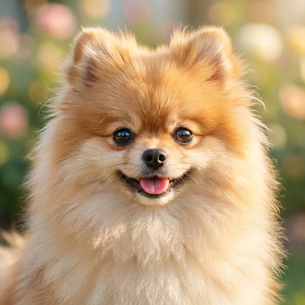 非常に愛らしいポメラニアンの子犬を捉えた、高精細な8Kフォトリアルなスタイルの写真。このかわいらしくふわふわした小さな犬は、クローズアップで、目線の高さから撮影されており、小さなピンクの舌をわずかに覗かせながら、心から幸せそうに微笑む顔を見せている。その非常に柔らかく豊かな毛並みは完璧に表現されており、一本一本の毛が暖かく柔らかな自然光の下で輝き、美しいハイライトと影を生み出している。背景は、太陽が降り注ぐ屋外の情景からくるパステルカラーのぼかしとなり、優雅で芸術的なボケ効果がかかっている。構図は明るく魅力的で、ポメラニアンの抗しがたい魅力と無邪気な喜びに完全に焦点を当てている。この画像は信じられないほど詳細で、毛並みの質感と、その大きく丸い瞳の輝きを際立たせている。