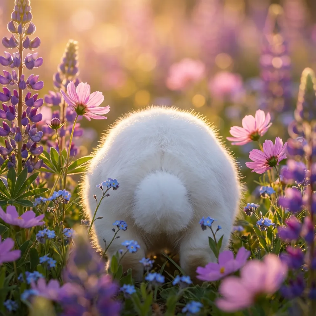非常に高精細な8K接写写真で、信じられないほど愛らしい、ふわふわの白いウサギの丸いお尻が、わずかに傾いて小さなしっぽのふわっとした部分を見せ、柔らかいピンクと紫の鮮やかな春の花々の中にたたずんでいます。場面は幻想的で柔らかなゴールデンアワーの光に包まれ、暖かく夢のような輝きを生み出し、その無垢な毛皮の一本一本を際立たせています。スタイルは超高精細なフォトリアリスティックで、ウサギのふわふわした毛並みと繊細な花びらの両方の複雑な質感を捉えています。極端に浅い被写界深度が、背景に強くクリーミーなボケ効果を生み出し、魔法のような色の帯へとぼかされています。構図はウサギの抗いがたいほどかわいらしい、ふわふわとした姿を強調し、穏やかな驚きと平和な美しさを呼び起こします。