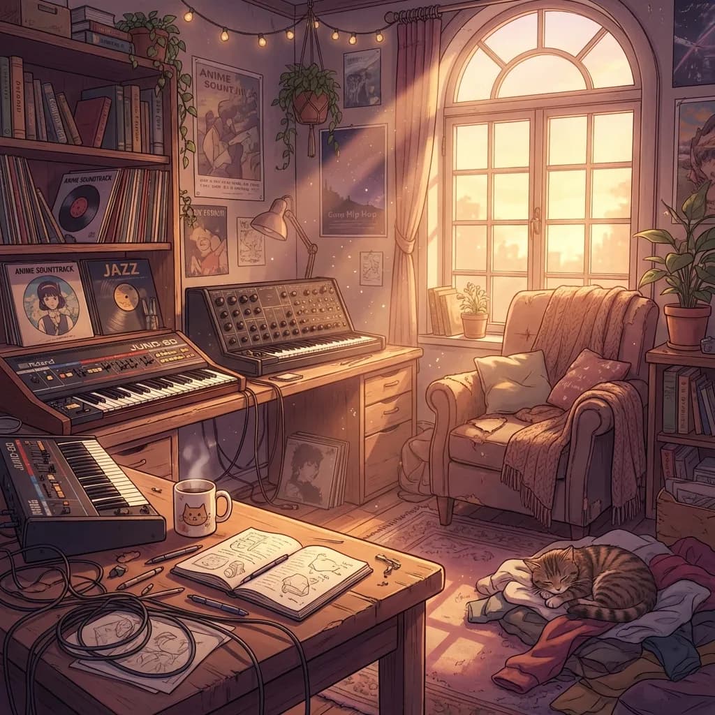 スタジオジブリの温かさと新海誠の柔らかく美しいライティングが融合したような、居心地の良いアニメスタイルの、非常に詳細な4Kデジタルイラスト。舞台は夕暮れ時、散らかっているが魅力的なローファイ・ヒップホップルーム。大きな窓からゴールデンアワーの光が差し込み、ヴィンテージシンセサイザー、飲みかけのコーヒーマグ、開かれたノート、散らばったペンで飾られた散らかった机の上に、長く柔らかな影を落とす。窓の隣には、使い込まれた快適なアームチェアがあり、柔らかい毛布が掛けられている。光の筋の中で埃が舞う。壁の一面には、本やレコードで溢れた本棚が並ぶ。ふわふわの飼い猫(キジトラ)が床の服の山の上で丸まって眠っており、生活感あふれる雰囲気を一層引き立てる。色彩は暖かく落ち着いており、影には柔らかなオレンジ、イエロー、深いパープルが見られる。雰囲気は穏やかで、思索的、そしてノスタルジック。美しいボリュームライティング、布地、木、紙の非常に詳細なテクスチャ。アニメ的な美学、デジタルアート。