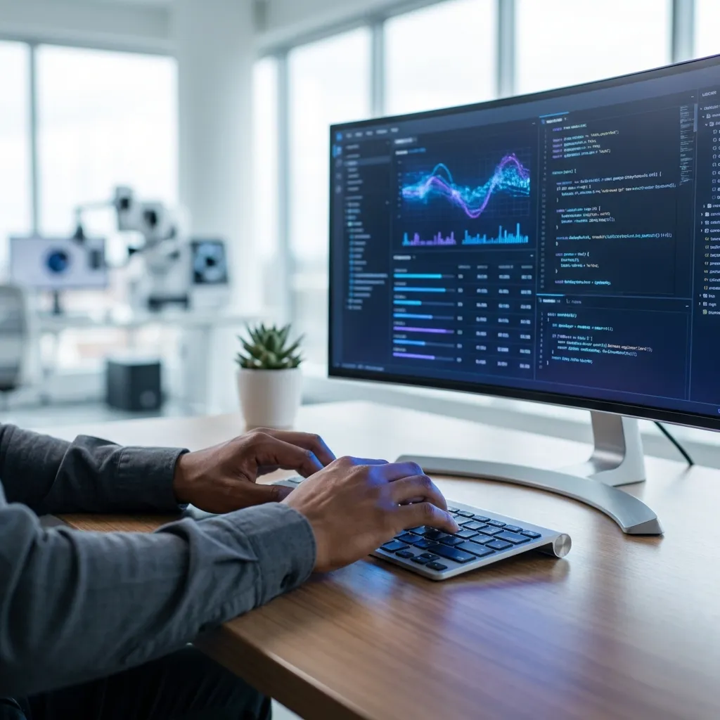 多様なプロフェッショナルの手(性別・民族は不特定、清潔感のあるモダンな長袖シャツを着用)が、洗練されたミニマルなキーボードとウルトラワイドモニターを操作している、肩越しからのクローズアップショット。画面には、複雑に光る抽象的なデータビジュアライゼーションと未来的なコードの行がダークモードのテーマで表示されており、柔らかくクールな青い光を放ち、繊細に手を照らし、磨かれたデスク表面に反射している。背景は、緩やかにぼかされた、明るく完璧に清潔なモダンなオフィス空間で、自然で柔らかく均一な光がシーンに降り注ぐ大きな窓がある。デスクは散らかりがなく、ハイテクな精密機器のみが置かれ、おそらく遠景にはミニマルな植物が配されている。手、キーボード、スクリーンにシャープな焦点が合っており、滑らかで浅い被写界深度がプロフェッショナルで魅力的な美しさを生み出している。雰囲気は革新的で、集中しており、ハイテクである。フォトリアリスティック、8K、高品質、シネマティックライティング、商用ストックフォト、顔は不特定、クリーンな構図、プロフェッショナルな美しさ。