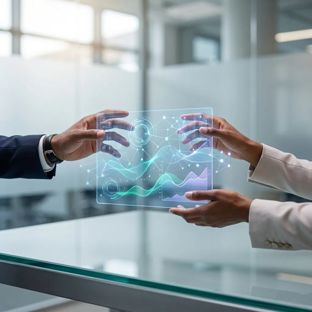 高解像度、超写実的、8Kの商用ストックフォト画像で、2つの多様なプロフェッショナルな手(顔は見えず、手首から下のみ)が、透明なホログラフィックインターフェースと優しくインタラクションしている様子。インターフェースには、複雑に輝く抽象的なデータストリーム、相互接続されたニューラルネットワークのパターン、そして青、ティール、柔らかな紫のグラデーションで表現された洗練されたデジタルグラフが表示されている。手は優雅に配置され、専門知識と制御を伝え、輝くデータを強調するためにわずかにぼかされている。背景は、洗練された建築ラインと、大きな曇りガラスの窓から差し込む拡散された自然光が特徴の、ミニマリストで超モダンなオフィス環境であり、柔らかなプロフェッショナルなボケ効果を生み出している。全体的なライティングは、明るく均一で、細部にまでこだわったシネマティックなライティングであり、手とインターフェースのハイライトと繊細な反射を強調し、厳しい影はない。デジタル要素と前景のディテールにはシャープな焦点が合っている。雰囲気は革新的で洗練されており、先進的で、需要の高いビジネスやテクノロジーの出版物に適している。