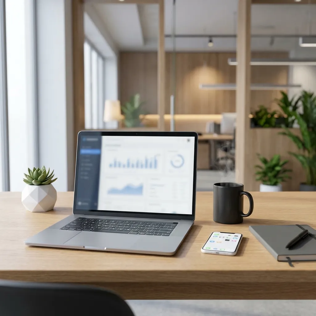 やや高めの中距離クローズアップアングルから見た、汚れ一つない、モダンでミニマルなオフィスデスクのセットアップ。洗練されたシルバーのラップトップが開いており、ぼやけた汎用的なデータ視覚化インターフェースが表示されている。その隣には、現代的な白いスマートフォンが画面を上に向けて置かれ、シンプルで清潔なアプリアイコンのグリッドが表示されている。高級感のある灰色のノートとミニマリストな黒いペンがきちんと配置されている。スタイリッシュなマットブラックのセラミック製コーヒーマグが、淹れたてでラップトップの近くに置かれている。白い幾何学模様の鉢に入った小さく鮮やかな緑の多肉植物が生命感を添えている。デスクの表面は滑らかな明るい色調の木製。背景は上品にぼかされたモダンなオープンオフィスの空間で、微妙な建築的ディテールと柔らかな間接照明があり、プロフェッショナルな雰囲気を保っている。柔らかな拡散した自然光が差し込み、シーンを照らし、微妙なハイライトと優しく深い影が奥行きと立体感を生み出している。全体的な美学は清潔で、魅力的で、非常に機能的であり、生産性と静けさを強調している。広い開口部で撮影され、浅い被写界深度が特徴。高品質、8K、フォトリアリスティック、シネマティックライティングで、需要の高い商業用途に最適。
