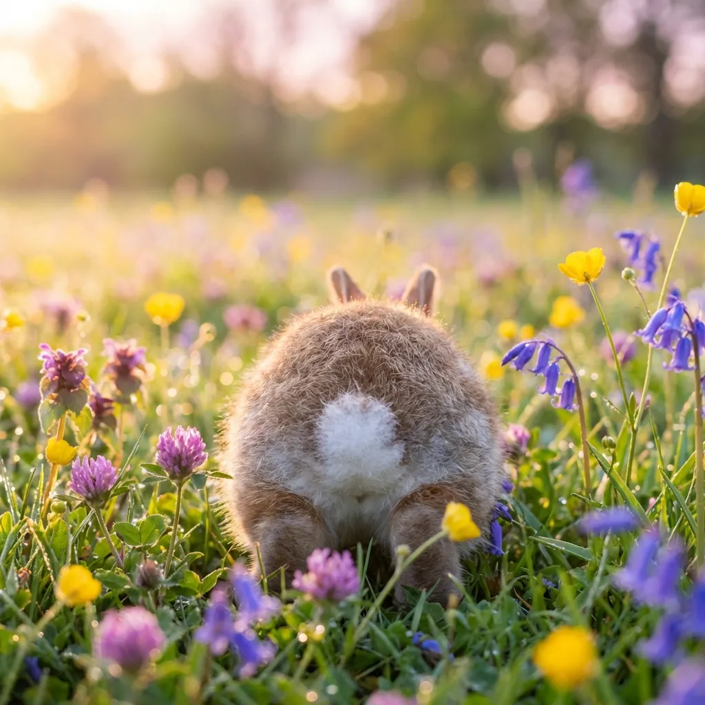 フォトリアリスティックなスタイルで撮影された、愛らしくふわふわの赤ちゃんウサギのお尻の、高度に詳細なクローズアップ写真。小さく綿玉のようなしっぽが際立って写っている。その可愛いウサギは、鮮やかで露を帯びた野花の中に寄り添うように座っており、魅力的な情景を作り出している。柔らかく温かいゴールデンアワーの光が、画像全体を横から包み込み、ウサギの信じられないほどふわふわの毛皮に優しいハイライトを投げかけ、繊細な花びらを魔法のような輝きで照らしている。構図は極めて浅い被写界深度を特徴とし、ウサギのお尻を精巧かつ鮮明な焦点で捉え、背景は柔らかいパステルグリーン、イエロー、ピンクの夢のように美しいボケへと溶け込んでいる。この愛らしい画像は8Kの高解像度で、ふわふわの毛皮の一本一本、花びらについた露の一滴一滴までをも詳細に描写し、柔らかな光と魅惑的なボケが強調されている。