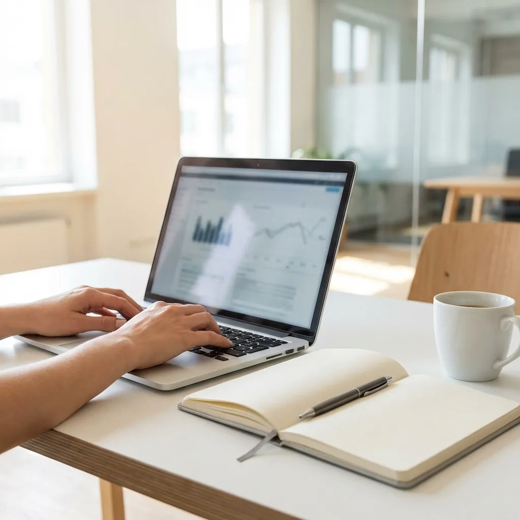 高品質な、8Kの商業用フォトリアリスティックなストックフォト。モダンで明るいオフィス環境にある、手つかずでミニマリストなオフィスデスクのセットアップ。デスクの上には、洗練された銀色のラップトップが開かれており、画面には一般的な、ややぼかされたデータビジュアライゼーションが表示されている。右側には、清潔な空白ページが開かれたプロフェッショナルなノートと、上質なペンが整然と配置され、すぐに使用できる状態である。スタイリッシュな無地の白い陶器製コーヒーマグが、半分ほど入った状態で近くに置かれている。人物の手がラップトップのキーボードに優雅に置かれ、活発にタイピングしており、集中力と生産性を示唆しているが、顔はフレーム内には見えない。背景は、柔らかくぼかされた、広々としたオフィス内部で、大きな明るい窓が豊かな自然光を示唆し、気を散らすことのない奥行き感を生み出している。構図はアイレベルのミディアムショットで、三分割法に準拠しており、十分なネガティブスペースを伴い、バランスの取れた美しいシーンを作り出している。照明は明るく、柔らかく、拡散された自然な昼光で、フレーム外から差し込み、微妙で優しい影を落とし、プロフェッショナルで魅力的な雰囲気を作り出している。映画のような照明品質、超写実的、デスク上のアイテムにシャープな焦点、鮮やかな色彩、清潔で整理されている。