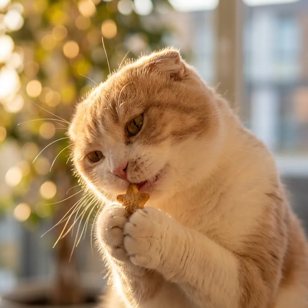クローズアップ、超高精細な8Kフォトリアルな画像。愛らしい、ふわふわのスコティッシュフォールド猫が小さなグルメなおやつを繊細にかじっている様子。その猫は、本当に可愛らしく、満足げで、わずかに微笑んでいるような表情をしており、独特な折れ耳がその魅力に一層の深みを与えている。柔らかく暖かいゴールデンアワーの光がシーン全体を包み込み、魔法のような輝きを生み出し、その毛並みの複雑な質感を際立たせている。構図は非常に浅い被写界深度で、柔らかくぼやけた背景には見事な、際立つボケの光が散りばめられ、スコティッシュフォールド猫が画像の絶対的な主役となっている。すべてのひげと一本一本の毛が極めて鮮明に描写され、純粋な動物の至福の瞬間を捉えている。