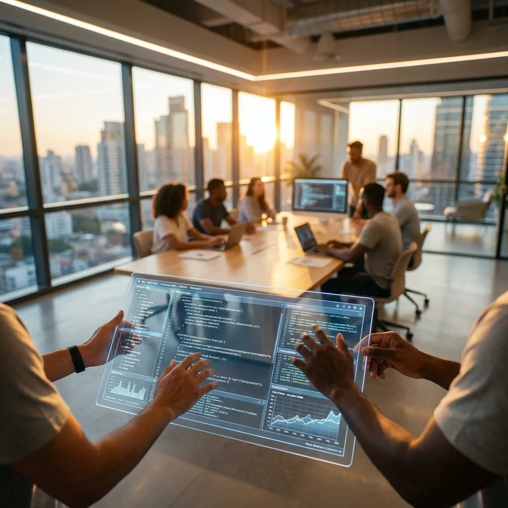ゴールデンアワーに、洗練されたモダンなオープンプランのテクノロジーオフィスを捉えた広角でややローアングルのショット。シャープな前景には、プロフェッショナルの多様な手の指(顔は識別できず、清潔な半袖を着用)が、ミニマリストなノートパソコンのキーボード、または複雑な青と白のデータビジュアライゼーションやAI開発を示すエレガントなコード行を表示する、光る抽象的なホログラフィックインターフェースを微妙に操作している。浅い被写界深度は中景に向かって徐々にぼやけ、そこでは多様なチーム(ぼやけた人物像、顔は識別できない)が、同様のハイテクグラフィックスを表示する大きな壁掛けスクリーンを備えた、大きな明るい木製の会議テーブルを囲んで共同作業している様子が見える。背景には、広々とした清潔な床から天井までの窓を通して、パノラマの、わずかにピントのずれた都市の景観が広がり、グローバルな展開を示唆している。窓からは柔らかく暖かい自然光が差し込み、控えめでプロフェッショナルな頭上の環境LED照明によって補強され、風通しの良い、清潔で、非常に刺激的な雰囲気を醸し出している。デジタルディスプレイは穏やかな内部の輝きを放ち、繊細な反射を映し出している。これは8K、高品質、超シャープなフォトリアリスティックな画像で、シネマティックなライティングが施されており、需要の高い商業ストックフォトグラフィーに最適であり、革新、テクノロジー、プロフェッショナルな共同作業を体現している。