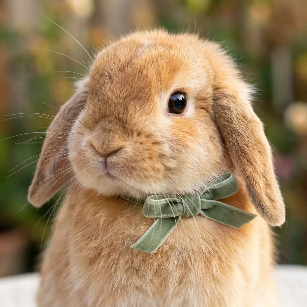 高精細な8Kクローズアップのフォトリアルなスタイルの画像で、愛らしい、ふわふわのホーランドロップうさぎが写っています。その可愛いウサギは、小さくて魅力的なリボンを首に巻き、好奇心から首をかしげ、大きな丸い目で少しカメラから外れた方向を見ています。柔らかな光がシーン全体を包み込み、その毛の一本一本を際立たせ、温かく魅力的な雰囲気を作り出しています。美しいボケ効果が背景をぼかし、ふわふわの被写体を際立たせています。全体的な印象は、計り知れないほどの可愛らしさと高品質な動物写真です。