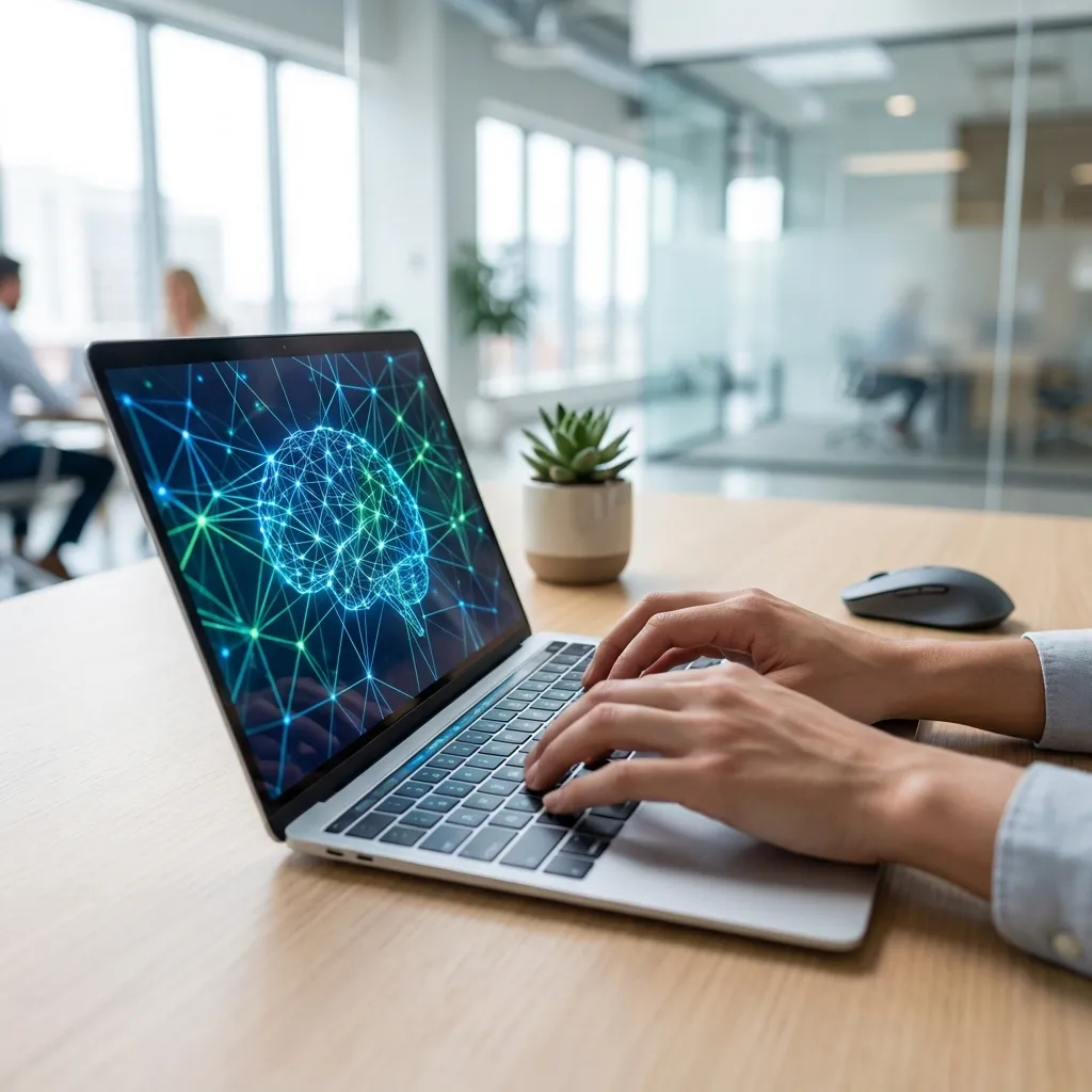 清潔でミニマリストなデスクに置かれた、洗練されたモダンなノートパソコンのキーボードをタイピングする人物の手のクローズアップ、ハイアングルショット。ノートパソコンの画面には、ニューラルネットワークや複雑なデータ可視化を思わせる、抽象的で光る線とノードが表示されており、人工知能または機械学習開発を示唆している。背景は、大きな窓から拡散された自然光が差し込む、柔らかくぼかされた明るい現代的なオープンオフィス空間で、モダンな建築や他の集中しているプロフェッショナルが垣間見える。デスクの表面は整理整頓されており、おそらく小さな優雅な多肉植物が一つ、あるいはプレミアムな人間工学に基づいたマウスが置かれている。照明は明るく、柔らかく、均一で、キーボードのキーに繊細なハイライトを作り出し、画面からは優しい光が放たれ、シネマティックな照明効果を実現している。全体的な雰囲気は、静かなイノベーション、集中、そして生産性を感じさせる。高品質、8K、超写実的、プロのストックフォト。手とキーボードにシャープな焦点、浅い被写界深度、画面からのエレクトリックブルー/グリーンのヒントを伴うニュートラルなカラーパレット。