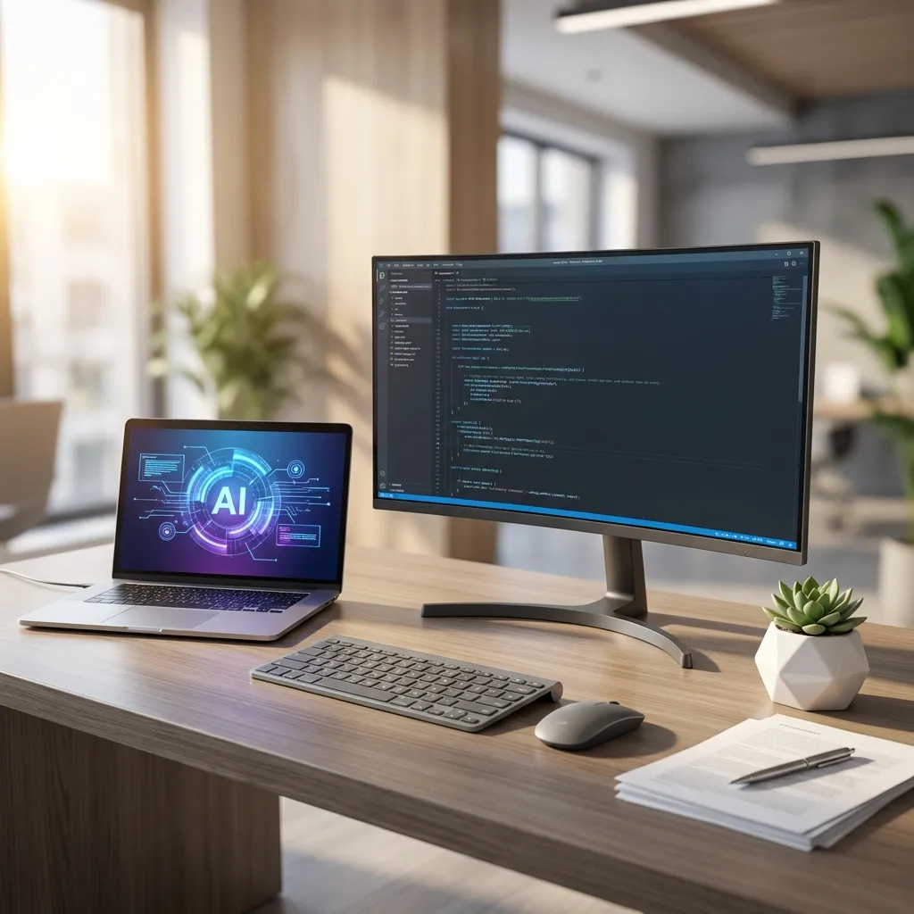 静かで機能的なモダンオフィスデスクのセットアップを捉えた、非常に詳細でフォトリアルなストックフォトです。シーンには、光り輝くニューラルネットワークパターンを表示するクリーンで抽象的なAIインターフェースが開かれた、洗練された銀色の超薄型ノートパソコンが置かれ、その隣には、ダークテーマで複雑なコード行を表示する大型の湾曲モニターがあります。ミニマルなワイヤレスキーボードとマウスが正確に中央に配置されています。テクノロジーの傍らには、幾何学的な白い鉢に入った小さく鮮やかな緑の多肉植物、きちんと整理された白い紙の束、そしてスタイリッシュな金属製のペンが置かれています。左側の大きな窓からは、柔らかく暖かい自然光が優しく差し込み、デスク全体に明るく均一な照明を投げかけ、金属の質感とスクリーンの輝きを強調する繊細なシネマティックライティングによってさらに引き立てられています。背景は、建築的なラインがすっきりとしており、落ち着いた色彩の現代的なオフィスインテリアが柔らかくぼかされており、穏やかな生産性の感覚を呼び起こします。構図は、バランスの取れた、やや高めのアイレベルショットで、浅い被写界深度によりデスクのセットアップがシャープに焦点を合わせています。高品質、8K解像度、プロフェッショナルなスタジオレベルの鮮明さ。