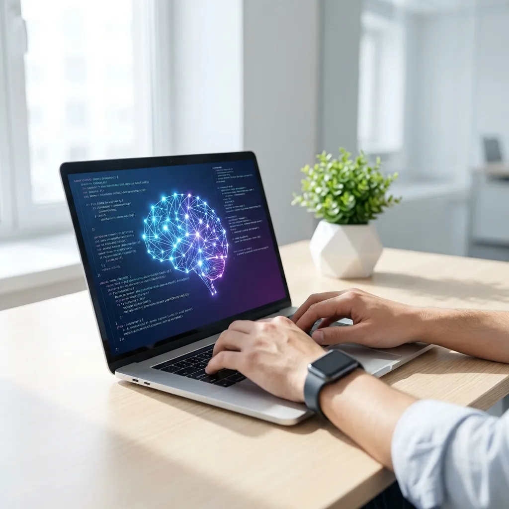 フォトリアルな、高需要の商用ストックフォト、8K。モダンでミニマリストなワークスペースが、左側にある大きな窓から差し込む明るく柔らかな自然光で照らされている。構図の中心には、洗練された高級ノートパソコンがあり、その画面には抽象的で光り輝くAIニューラルネットワークのインターフェースとコードの行が表示されている。控えめなスマートウォッチをつけた人物の手が、三分割法に従ってわずかに中央からずらして配置されたキーボードを活発にタイプしている。机は清潔で明るい色をしており、かすかな反射がある。浅い被写界深度が背景を優しくぼかし、清潔なオフィス環境と幾何学的な白い鉢に入った小さく鮮やかな緑の植物の柔らかな輪郭だけを明らかにしている。照明はシネマティックで均一であり、柔らかくプロフェッショナルな影を落とし、質感とテクノロジーを際立たせている。超シャープなフォーカス、信じられないほど詳細、清潔感のある美学が、革新性と生産性を強調している。
