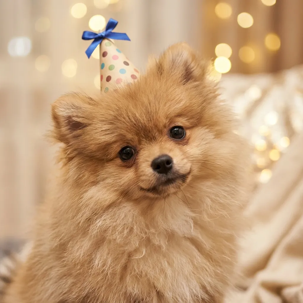 信じられないほど可愛らしく愛らしいふわふわのポメラニアンの子犬の、クローズアップで非常に詳細な8Kフォトリアルな画像。子犬は、頭に完璧にフィットした、小さくて魅力的なミニチュアのパーティーハットを陽気なリボン付きでかぶっている。その毛並みは非常に柔らかく、信じられないほどのディテールで描写されている。構図はアイレベルのクローズアップで、子犬の愛らしい顔と可愛いハットに完全に焦点を当てている。柔らかく温かい拡散光がシーンを包み込み、毛のふわふわ感を際立たせ、優しい影を作り出している。背景には、非常に柔らかくぼかされた要素を持つ美しいクリーミーなボケ効果があり、ポメラニアンが唯一の焦点となっている。子犬は、キラキラと輝く大きくて無邪気な暗い瞳を持ち、甘く幸せそうな表情を見せている。一本一本の毛が細部にわたって丁寧に描写されており、その究極の可愛らしさを強調している。