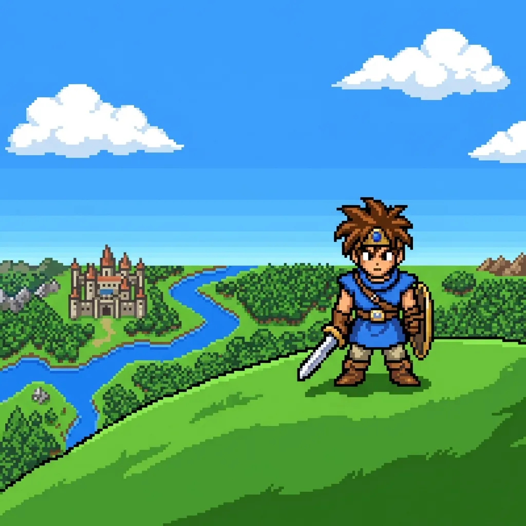 初期のドラゴンクエストゲームの象徴的なスタイルで描かれた、非常に詳細な16ビットのレトロピクセルアートシーン。とがった茶色の髪、クラシックな青いチュニック、革の鎧、そしてピクセル化された剣と盾を身につけた孤独なヒーローが、なだらかな緑の丘の頂上に堂々と立っている。彼は、明るく澄んだ青い空の下、いくつかの大きく白い積乱雲が浮かぶ中、目の前に広がる鮮やかで広大なピクセル化されたファンタジーの世界に相対している。遠方には、そびえ立つ塔を持つ雄大なピクセル化された城、曲がりくねった青い川、そして密生した緑の森が見え、これらすべてがピクセル単位で細部まで丁寧に描かれている。このシーンは、美しくクリーンなセルシェーディングされたピクセルアートで描かれており、鮮明な輪郭と際立った鮮やかなカラーブロックが特徴だ。明るく均一な照明は、晴れた日の壮大な冒険感を呼び起こす。16ビット、ピクセルアート、高精細、SNES美学、美しいライティング。