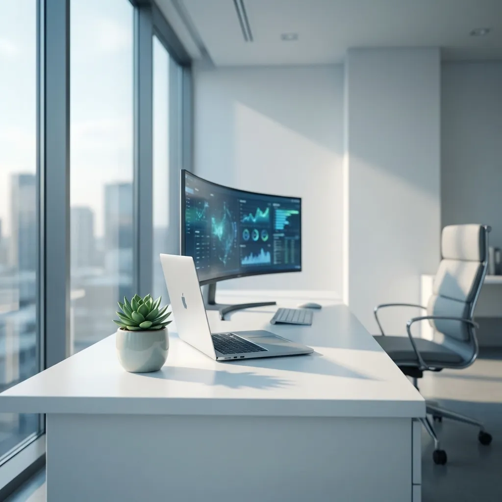 高品質で8K、フォトリアリスティックな、穏やかでモダンなビジネスオフィスワークスペースを捉えたストックフォト。シーンは、左側にある大きな床から天井までの窓から差し込む、柔らかく映画のような自然光に包まれている。構図は広角で、やや高い位置から撮影されており、手つかずのミニマリストな白いデスクに焦点が合っている。デスク上には、洗練されたシルバーのノートパソコンが開かれており、人工知能や複雑な分析を示唆する鮮やかで抽象的な青と緑のデータビジュアライゼーションを表示する超ワイドモニターの隣に配置されている。小さく鮮やかな鉢植えの多肉植物が、オーガニックな生命感と色彩を添えている。背景には、現代的なオープンオフィスの一部がぼやけて写っており、清潔な白い壁、スタイリッシュな人間工学に基づいた椅子の影、そして窓越しに見える柔らかく焦点の合っていない都市のスカイラインが特徴である。照明は、厳しさを伴わない、奥行きと立体感を強調する穏やかで長い影を作り出している。全体的な美学は、落ち着いており、プロフェッショナルで、技術的に進んでいる。デスクの要素にはシャープな焦点が維持されており、背景には滑らかで商業グレードのボケがある。色彩パレットは、クールな白、落ち着いたグレー、繊細なブルー、そして自然なグリーンのヒントで構成されており、革新と効率の感覚を伝えている。