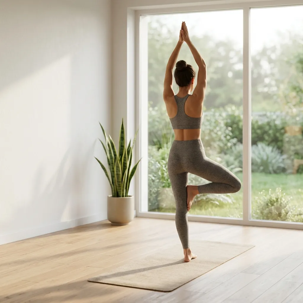 スレンダーで引き締まった体格の人物が、後ろ姿で、淡い色のヨガマットの上で完璧な木のポーズ(ヴリクシャアーサナ)を優雅に保っている。着用しているのは、シンプルでモダンなニュートラルカラーのアスレチックウェア(例:ヘザーグレーのスポーツブラとハイウエストレギンス)。舞台は、広々としてミニマル、かつ洗練されたデザインのホームヨガスタジオまたはリビングルームで、遮るもののない大きな窓から柔らかく豊かな拡散された朝の光が降り注いでいる。窓からは、少しぼかされた、豊かな緑の庭園の穏やかな眺めが広がる。内装は、明るいオーク材のフローリング、繊細な質感のある清潔な白い壁、そしてセラミックの鉢に入った背の高いサンスベリアのような、戦略的に配置されたミニマルな観葉植物が特徴。
照明は優しく温かい輝きを生み出し、体の輪郭と部屋の質感を際立たせ、微細で長く柔らかな影が細部を損なうことなく深みを加えている。全体的なシーンは明るく、風通しが良く、新たな始まりと深い静けさを感じさせる。
広角のミディアムショットで、三分割法を用いてフレームされ、人物はやや中央から右に配置され、左側には十分なネガティブスペースがあり、バランスの取れた開放的な構図を作り出している。カメラアングルは目の高さで、ポーズの上の方向への伸びを強調するため、わずかに見上げている。人物と手前の前景にはピントがシャープに合っており、中景と背景には優しく心地よいボケがあり、環境の奥行きと静けさを強調している。識別可能な顔の特徴は一切見えない。
超写実的、高品質、8K解像度、自然な雰囲気のシネマティックライティング、商業ストック写真のような美学、清潔、穏やか、ウェルネス、マインドフル、健康的なライフスタイル、憧れ、プロのスタジオ撮影。