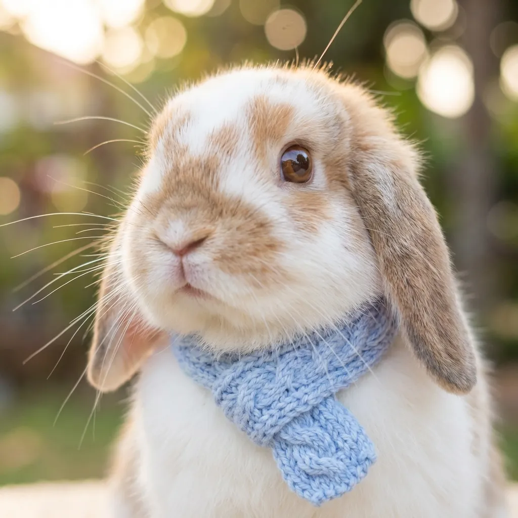 非常に詳細な、8Kのクローズアップ、フォトリアルなスタイルの、愛らしいふわふわなホーランドロップラビットの画像。そのうさぎは首に小さくて可愛いパステルブルーのニットスカーフを巻いており、それが柔らかな白と茶色の毛並みと優しくコントラストをなしている。大きく丸く好奇心旺盛な目でカメラを見上げており、無邪気さを伝えつつ、魅力的なアクセサリーを披露している。構図はうさぎの甘い表情とふわふわの毛並みの見事な質感を強調しており、非常に浅い被写界深度により、背景には美しく夢のようなボケが生まれている。シーン全体は非常に柔らかく、暖かく、自然な光に包まれており、うさぎの可愛らしさを際立たせ、優しい雰囲気を作り出している。一本一本の毛並みからスカーフの繊細な編み目まで、あらゆる細部が絶妙な明瞭さで表現されている。可愛い、愛らしい、柔らかな照明、クローズアップ。