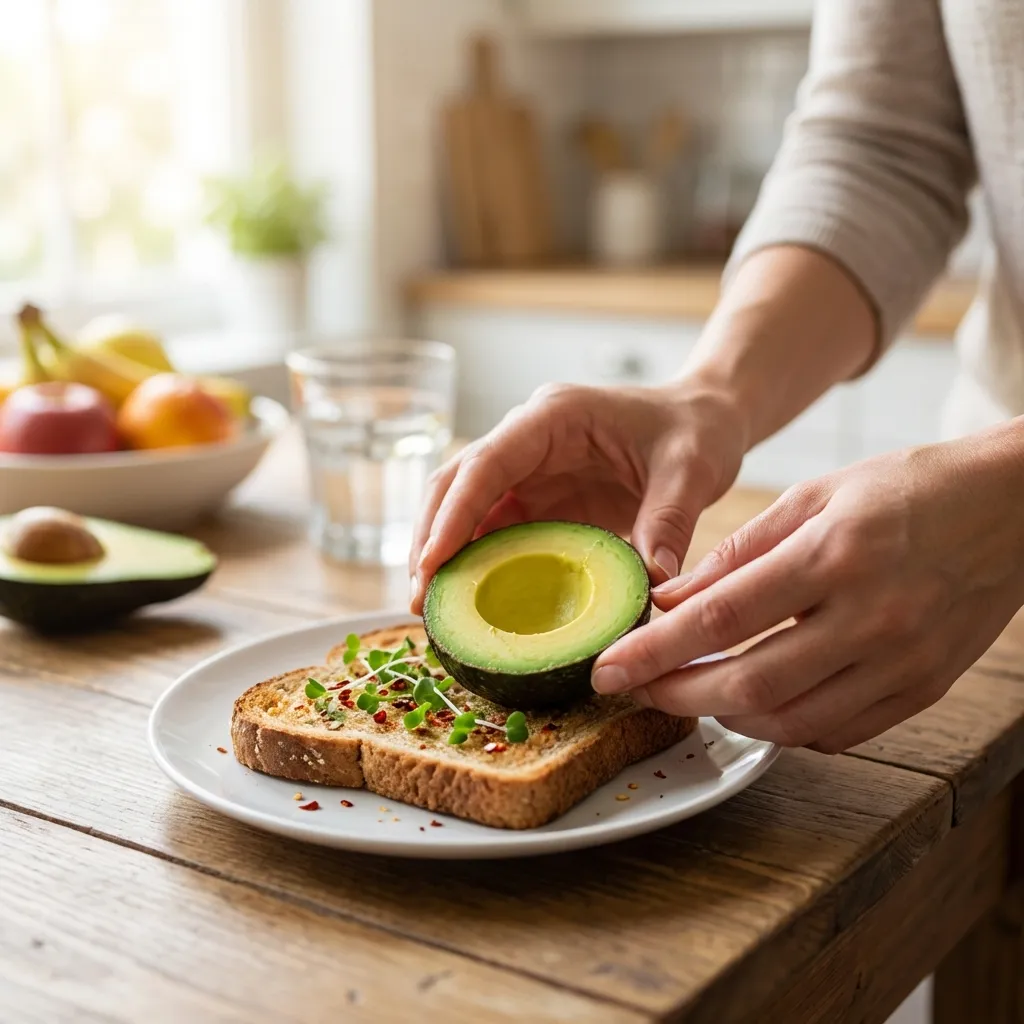 人物の手が、熟した鮮やかなアボカドの半分を、赤唐辛子のフレークとマイクログリーンが振りかけられた、美しく盛り付けられた全粒粉トーストの上に優しく置いている、クローズアップのミディアムショット。シーンは素朴な木製のテーブルの上に設定されており、背景はぼかされ、明るい日差しが差し込むキッチンカウンターに新鮮な果物とコップ一杯の水が見える。左の大きな窓から自然光が差し込み、食べ物に柔らかく拡散したハイライトと、優しく温かい輝きを与えている。トーストと手には非常にシャープにピントが合っており、背景にはクリーミーで魅力的なボケ効果がある。構図は清潔でミニマリストであり、三分割法を利用して、健康的な食事の準備に注意が引きつけられている。これは高品質な8Kのフォトリアルなストック写真であり、シネマティックなライティングで撮影され、新鮮さ、健康、マインドフルなライフスタイルを強調しており、商業広告や健康ブログに最適である。