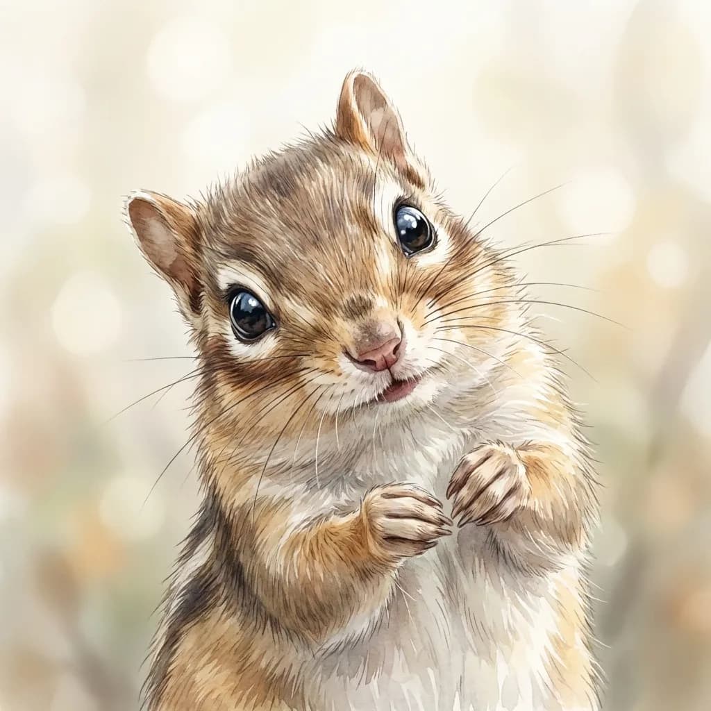 愛らしくふわふわのシマリスが好奇心で首を傾げている、クローズアップで非常に詳細な8Kソフト水彩画。シマリスは大きくて輝く目と繊細なひげを持ち、小さな足も見える。その可愛らしい特徴と探究心に満ちた表情を際立たせる、魅力的で優しい美学で描かれている。シーンは美しい柔らかな光に包まれ、夢のような雰囲気を醸し出し、クリーミーなボケ背景がこの愛らしいシマリスを真に際立たせている。毛並みや好奇心に傾げた首の細部に至るまで、すべてが精巧に捉えられている。