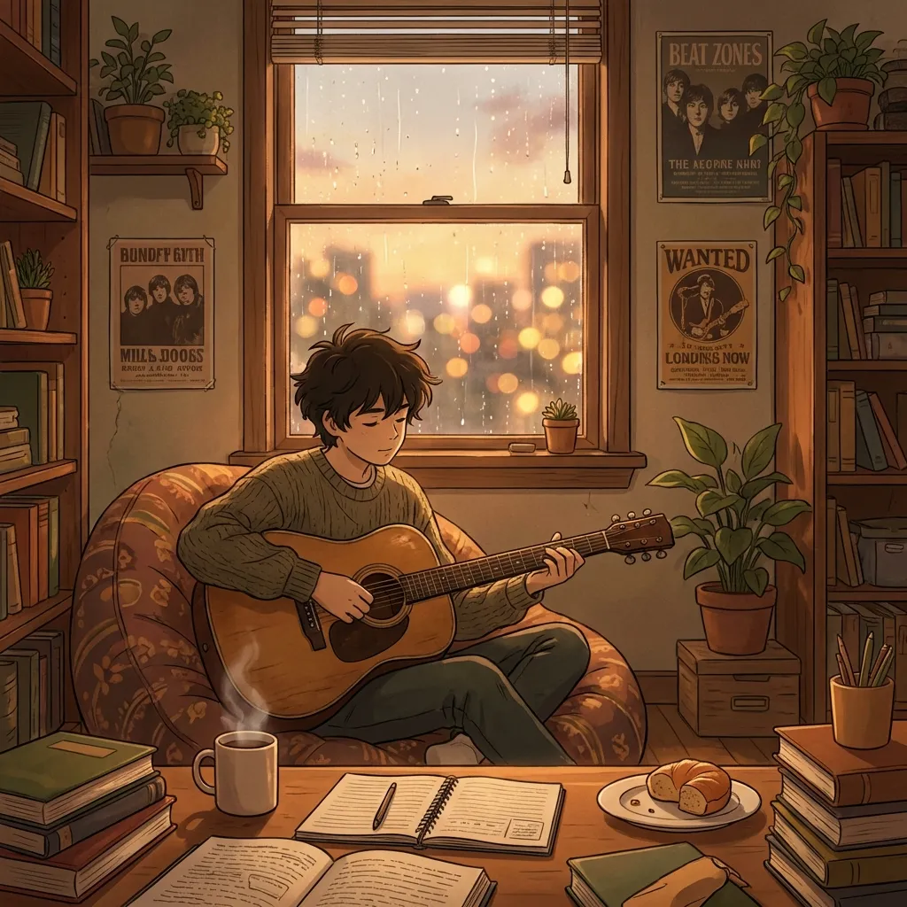 柔らかく暖かい夕焼けの光に包まれた、居心地の良い、少し散らかったLofi Hip Hopルーム。巧みに乱れた髪をした若い高校生が、雨降る窓のそばのビーズクッションに座り、アコースティックギターを静かに奏でている。窓ガラスには雨粒が優しく筋を作り、遠くの街の明かりを美しいボケとして霞ませている。勉強机の上には、散らばった本、湯気の立つマグカップ、食べかけのスナックがある。部屋は温かみのある木の色調、自然な質感、そして額装されたバンドポスターや小さな観葉植物のような繊細な芸術的ディテールが特徴だ。全体的な雰囲気は、穏やかで内省的、そして心地よい。柔らかな色彩、心地よい温もり、そして穏やかなリアリズムが特徴のスタジオジブリスタイル。非常に精細、4K、美しい光、映画のような構図、鮮やかな色彩、詳細な目。