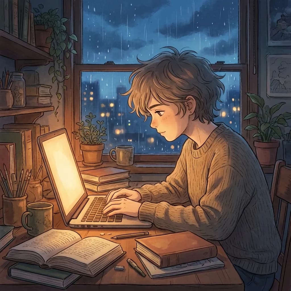 性別不明の若者が、ローファイヒップホップの部屋にある居心地の良い、少し散らかった勉強机に座り、ラップトップを優しくタイピングしている。部屋は薄暗く、主にラップトップモニターの柔らかい環境光によって照らされ、その光が彼らの顔と手に微妙に投げかけられている。窓の外では雨が筋になって降り、ぼやけた穏やかな効果を生み出し、土砂降りの雨を通してかすかな街の光が見える。この情景は、柔らかく温かい色使い、優しい質感、そして夢のような心地よい雰囲気によって特徴づけられる、美しいスタジオジブリスタイルで描かれている。部屋には、散らばった本、画材、机の上の植物といった繊細なディテールがあり、それらすべてが居心地の良い散らかり具合に貢献している。高度に詳細な質感、スクリーンから放たれる柔らかな光、そして彼らの詳細に描かれた瞳の中の穏やかな表情に焦点を当てる。美しく、感情を呼び起こす照明、映画のような構図、鮮やかでありながら落ち着いた色使いが、穏やかな雰囲気を作り出している。4K、高精細なデジタルイラスト。