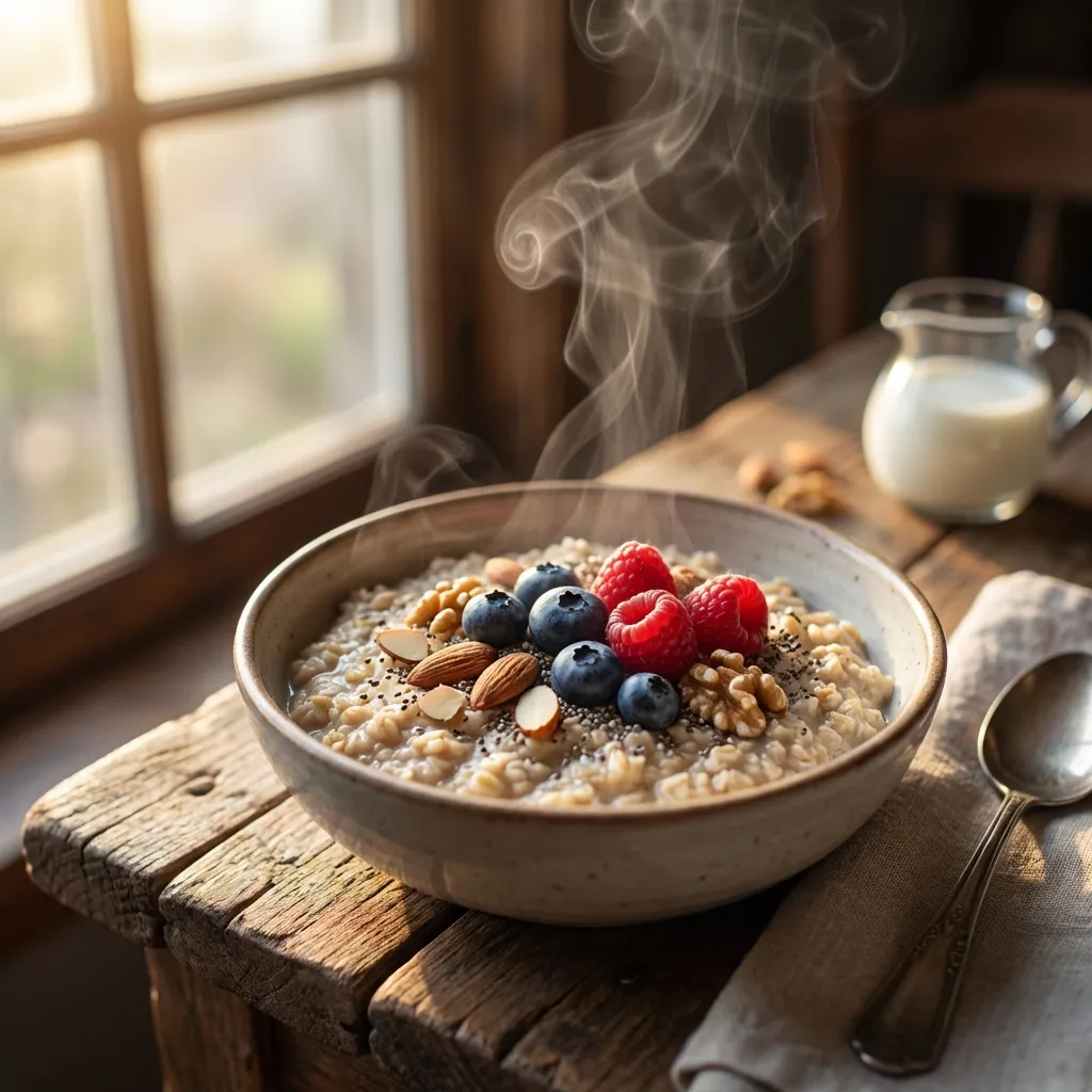 高品質なフォトリアルなストック写真。素朴な木製のテーブルに置かれた、美しく盛り付けられた温かいヘルシーなオートミールまたはポリッジの器のクローズアップ、シネマティックなショット。新鮮なベリーとナッツが添えられている。温かい料理からは、優しく、はっきりと見える湯気が優雅に立ち上り、繊細な雰囲気を作り出している。大きな窓から柔らかく温かい自然光が差し込み、オートミールの質感や立ち上る湯気に繊細なハイライトと影を作り出している。被写界深度は浅く、器はシャープにピントが合っており、背景はクリーミーで柔らかなボケで表現されている。プロフェッショナルなライティングが、自然な質感と温かさを強調している。F1.8の単焦点レンズで撮影され、精巧なディテールが際立つ。8K、高精細、シネマティックライティング。Unsplash、Getty Imagesスタイル。