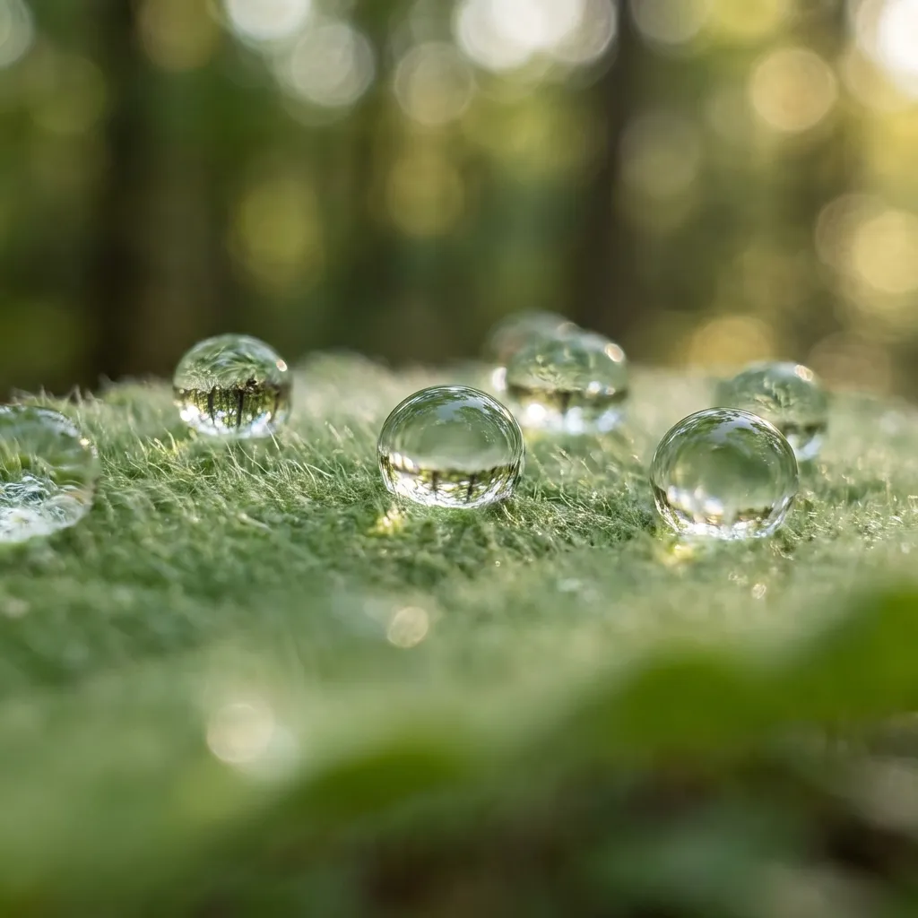 鮮やかな緑の葉のベルベットのような表面に繊細にバランスよく乗った、クリスタルクリアな水滴の8Kフォトリアリスティックな超マクロ写真。それぞれの水滴は完全に球形で、柔らかく拡散されたシネマティックなライティングによって照らされたミニチュアの逆さまの世界を映し出している。水滴の表面張力の複雑なディテールと葉の微細なテクスチャが剃刀のように鋭いピントで捉えられ、息をのむような視覚的抽象化を生み出している。非常に浅い被写界深度(f/1.8)が、手前と奥に豪華で柔らかなボケを作り出し、水滴の繊細な性質を強調している。非常に精細で、シャープなピント、複雑なディテール。この高品質で本物のような画像は、UnsplashやGetty Imagesで見られるような手つかずの美しさを想起させる。