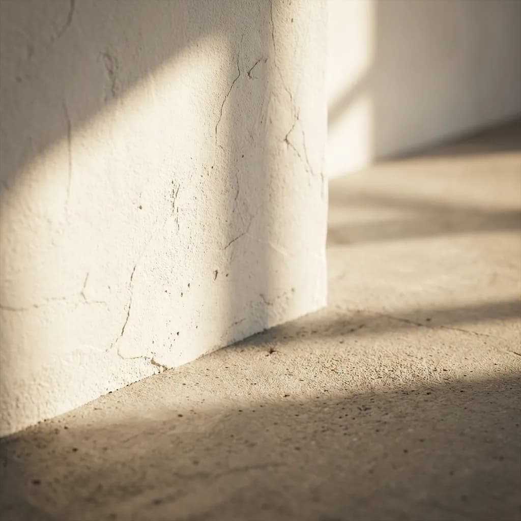 8kフォトリアリスティックなマクロ写真。剥き出しの白い漆喰の壁と清潔なコンクリートの床が接し、シャープな幾何学模様を形成するミニマリストな構図。単一の集中的な光源によって、強い、劇的な影がテクスチャーのある表面に落とされ、光と闇の相互作用を生み出している。漆喰の微妙な起伏とコンクリートの微細な粒子の複雑なディテールがシャープに焦点が合っている。シネマティックなライティング、f/1.8の絞りによる極端な被写界深度、非常に遠い背景には柔らかなボケ、非常に詳細、UnsplashとGetty Images風、高需要の商業用途。