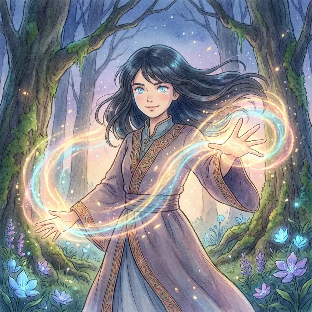 美しい若い女性の魔術師、美少女が、鮮やかな魔法の呪文を唱える際、彼女の目は秘術のエネルギーでかすかに輝いている。彼女の手は前方に向けられ、手のひらからはきらめく光とカラフルな粒子の複雑な網が放射されている。呪文の効果は彼女の周りに柔らかくダイナミックな光のハロを形成し、彼女の決意に満ちた、しかし優雅な表情を照らしている。彼女は夕暮れの神秘的な森の開けた場所に立っており、古木と光る植物が夢のような背景を作り出している。スタジオジブリ風(柔らかな色彩)、高精細、4K、美しい魔法の光と雰囲気のある輝き、映画のような構図、鮮やかなパステルカラー、詳細な目、穏やかで幻想的な雰囲気。