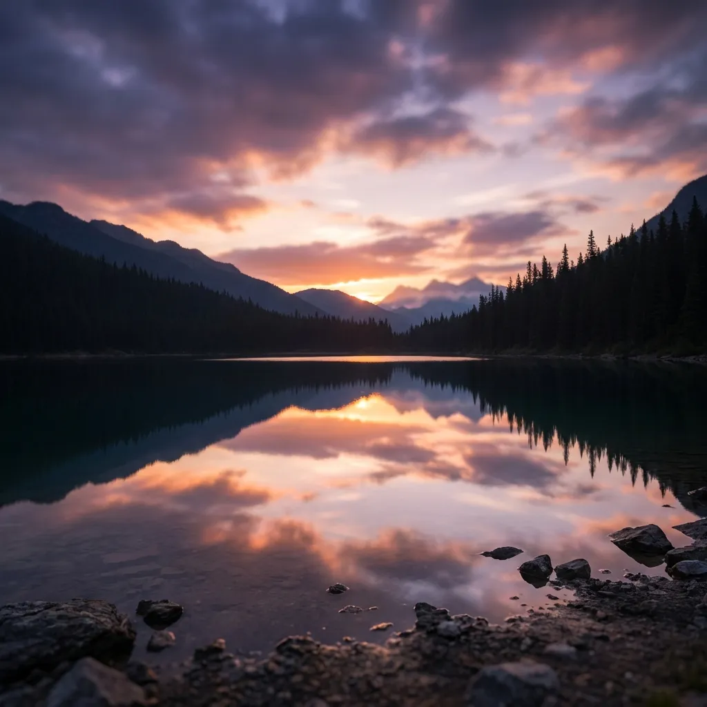 夜明けの完璧に穏やかな山湖を捉えた、超高精細8Kのフォトリアリスティックな画像。湖面は完璧な鏡となり、日が昇り始めるにつれて、深い紫、オレンジ、パステルの柔らかなグラデーションで彩られた、劇的で雲がたなびく空を映し出している。雄大で松の木に覆われた山脈が、水面上と、その透き通った水面への反射の両方で、力強いシルエットの背景を形成している。構図は広大で、広がりと静寂さを強調している。シネマティックな照明が、繊細で自然な光がシーン全体に均一に降り注ぎ、穏やかで幻想的な雰囲気を生み出している。水面の反射面と周囲の近景にシャープな焦点を当てた極端な被写界深度で、遠景は柔らかなボケに移行している。反射面の複雑なディテールと水の滑らかな質感を際立たせるため、f/1.8の広い絞りで撮影されている。非常に詳細で、UnsplashやGetty Imagesのような高需要の商用ストックフォトを彷彿とさせる。