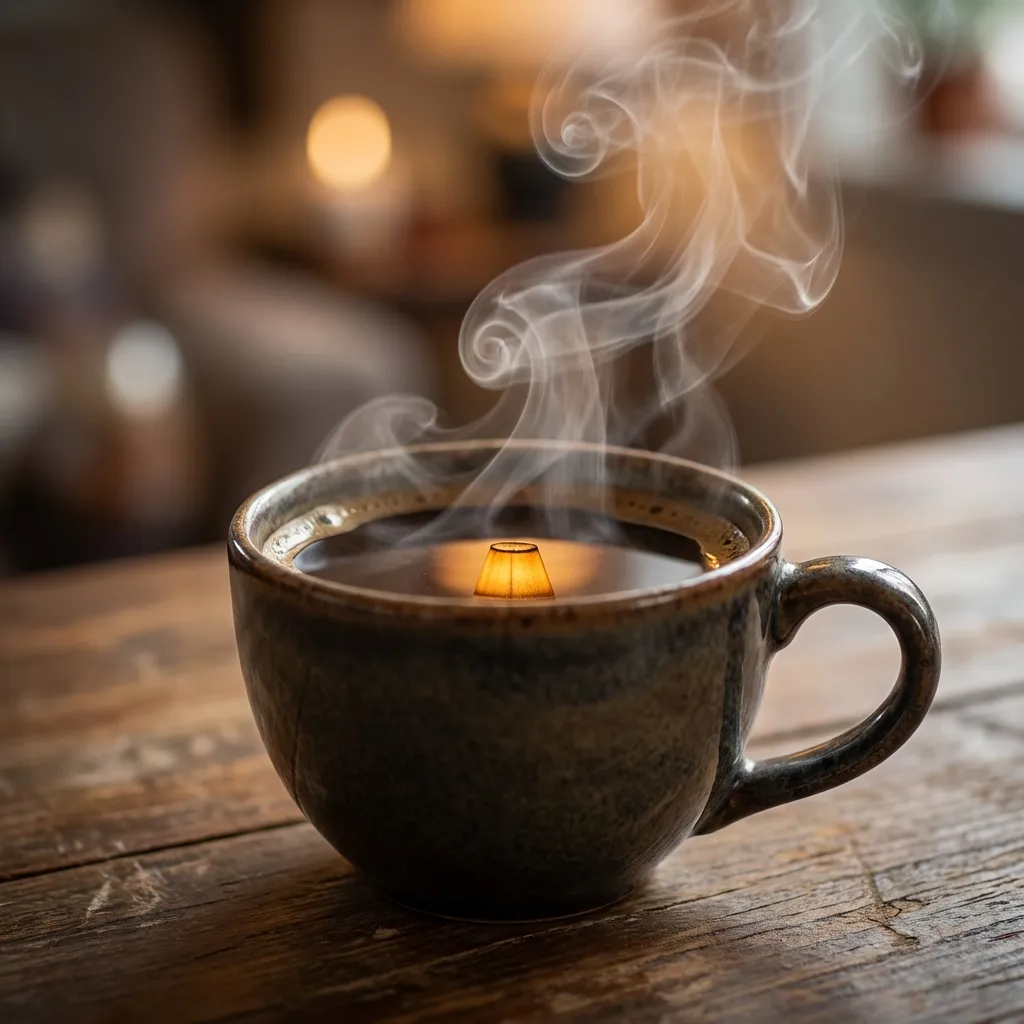 高品質な8Kフォトリアリスティックなクローズアップマクロ写真。完璧に淹れられた温かい紅茶またはコーヒーのカップが被写体で、豊かな暗い液体の表面から繊細な蒸気が優しく立ち上り、渦巻いている。エレガントなセラミックマグカップは素朴な木製のテーブルに置かれ、暖かな周囲の光を微かに反射している。構図は清潔でミニマリスト的であり、蒸気の半透明のたなびきと液面上の微かな反射の複雑な細部に強く焦点を当てている。暖かくシネマティックな照明が、居心地の良い、魅力的な雰囲気を作り出し、蒸気の幻想的な品質とマグカップの質感を際立たせている。f/1.8の浅い被写界深度で、ぼやけた背景には美しい柔らかなボケがあり、快適で暖かい設定を示唆している。このマクロ写真撮影は、蒸気と液面の精巧で複雑な細部とシャープな焦点を強調し、フォトリアリスティックな品質を披露し、高い需要のある商業用途に理想的である。Unsplash、Getty Imagesスタイル。