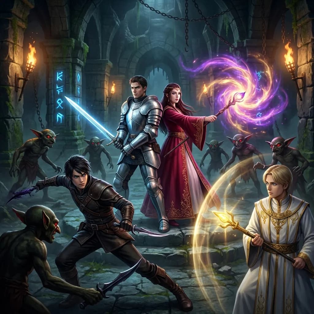 4人の勇敢な冒険者パーティ – 輝く鎧をまとった寡黙な騎士、深紅のローブをなびかせる優雅な魔女、影の短剣を携えた俊敏な盗賊、そして神聖な杖を振るう穏やかな聖職者 – が、危険なゴシック様式のダンジョン内で絶望的な戦いを繰り広げていた。騎士と魔女は、勇敢にも背中合わせに立ち、光る赤い目を持つグロテスクな影のクリーチャーの大群を退けている。騎士は輝くエンチャントされた剣で強力な一撃を放ち、一方、魔女は手から複雑に光る効果を放つ魔法を唱え、まばゆい秘術のエネルギーを解き放ち、ダンジョンの壁を照らしている。盗賊は手前で突進の最中、敵の武装を解除しており、聖職者は防御バリアの呪文を準備している。ダンジョンの環境は、古代の崩れかけた石造りの建築物、ドラマチックな影を落とす揺らめく松明の光、そして壁に描かれた神秘的な光るルーンで満たされている。クラシックなファイナルファンタジーやドラゴンクエストのシネマティックシーンを彷彿とさせる、JRPGスタイル。極めて詳細なキャラクターデザイン、モンスターデザイン、環境テクスチャ。呪文効果や松明による美しく、ダイナミックでドラマチックなライティングが、強いコントラストと壮大な雰囲気を作り出している。シネマティックな構図、広角ショットで、激しいアクションとキャラクター間のシームレスなチームワークに焦点を当てている。暗いダンジョンとは対照的に、魔法効果やキャラクターの鎧に見られる鮮やかな色彩。決意と集中を映し出す、極めて詳細で表情豊かな目。4K解像度。