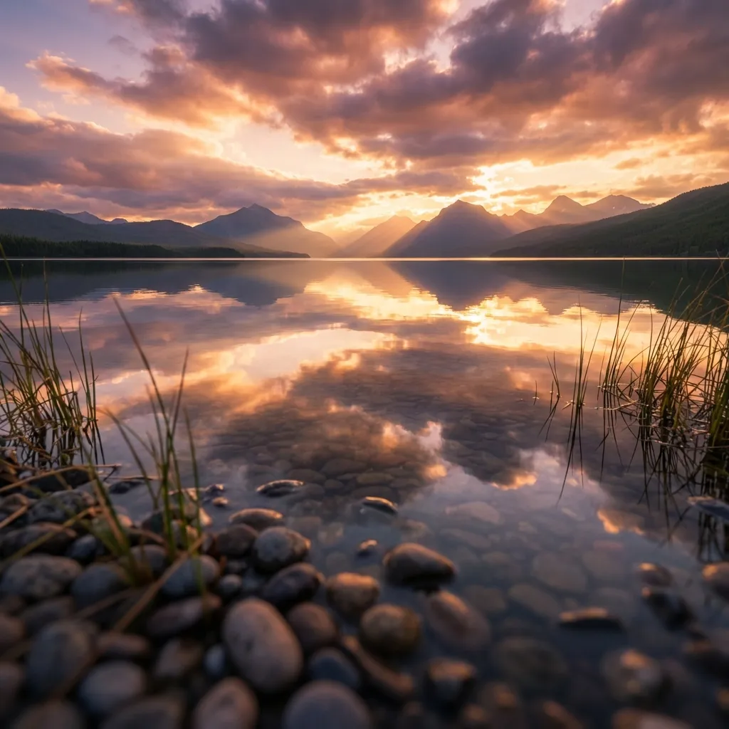 穏やかで澄み切った湖が、鮮やかなマジックアワーの夕焼け空を完璧に映し出している。水面は完全に静止しており、オレンジ、ピンク、紫の暖色系で彩られた劇的な雲の形成を、完璧な鏡のように映し出している。息をのむようなこの対称的な反射が、シーン全体を支配している。水際にある滑らかで暗い小石のような前景の要素は、浅い被写界深度を示しており、f/1.8で撮影され、非常にシャープな反射を繊細に縁取る美しい柔らかいボケを生み出している。8K、フォトリアリスティック、高精細なシネマティックワイドショットで、雲の隙間から劇的な太陽光が差し込むシネマティックライティングにより、穏やかで荘厳な雰囲気を醸し出している。UnsplashやGetty Imagesのような、高解像度の商用グレードのストックフォト。