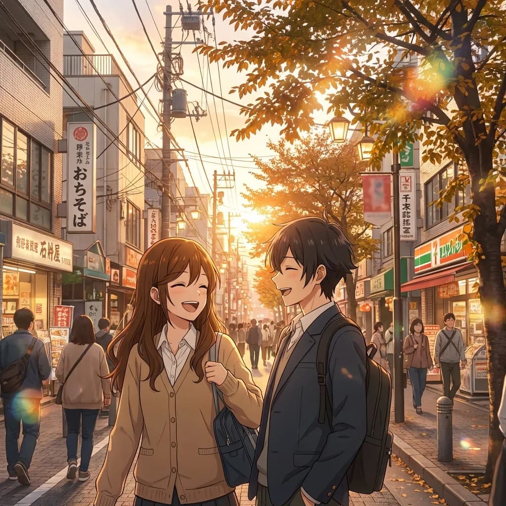 親友である美少女と美少年の高校生たちが、夕焼けの中、黄金時間(ゴールデンアワー)の光に包まれた情景の中で、楽しそうにおしゃべりし、笑い合いながら一緒に帰路についている。彼らは日本の活気ある賑やかな都市部の並木道にいる。沈む夕日が美しいレンズフレアと暖かく輝く雰囲気を作り出している。新海誠監督スタイル(詳細な背景)、非常に高精細、4K、美しいライティング、映画のような構図、鮮やかな色彩、詳細な目。