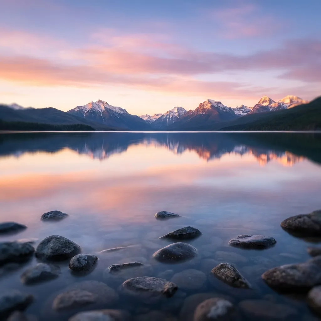 日の出の、完璧に穏やかで手つかずの山湖を捉えた、息をのむようなフォトリアリスティックなシネマティックショット。水面は完璧な鏡となり、夜明け前の空の鮮やかなパステルカラーの色合いを反射している。柔らかなピンク、オレンジ、紫が青に溶け込むようにブレンドされている。雄大でゴツゴツとした雪を頂いた峰々が遠くの地平線を縁取り、そのごつごつとした岩肌は最初の黄金の光の兆しによって繊細に照らされ、強い奥行きと壮大さを生み出している。手前には、部分的に水没した滑らかで暗い岩がいくつかあり、視覚的なアンカーとして機能している。空気は澄んでいて涼しく、水面にはごくかすかな、ほとんど知覚できないほどの霧が立ち込めている。日の出が長くドラマチックな影を落とし、山の斜面と水面に幻想的なハイライトを生み出す、シネマティックな自然光。被写界深度は非常に浅く、主に地平線とその反射に焦点が合っており、F1.8の絞りで描写することで、極端な前景と遠景の要素にこの上なく柔らかなボケ効果を作り出している。8K、高精細、驚くべき透明度、プロの風景写真、絶大な商業的魅力、UnsplashやGetty Imagesの特集写真のような品質。
